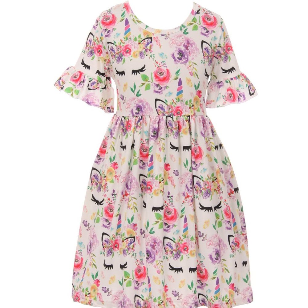 Little Girl Kids Ruffle Sleeve Unicorn Floral Easter Flower Girl Dress Pink 2-8
